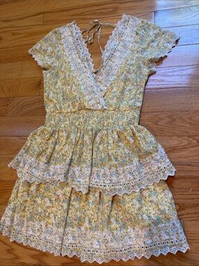 American Eagle Cottagecore Floral Ruffle Tiered Mini Dress Yellow Medium